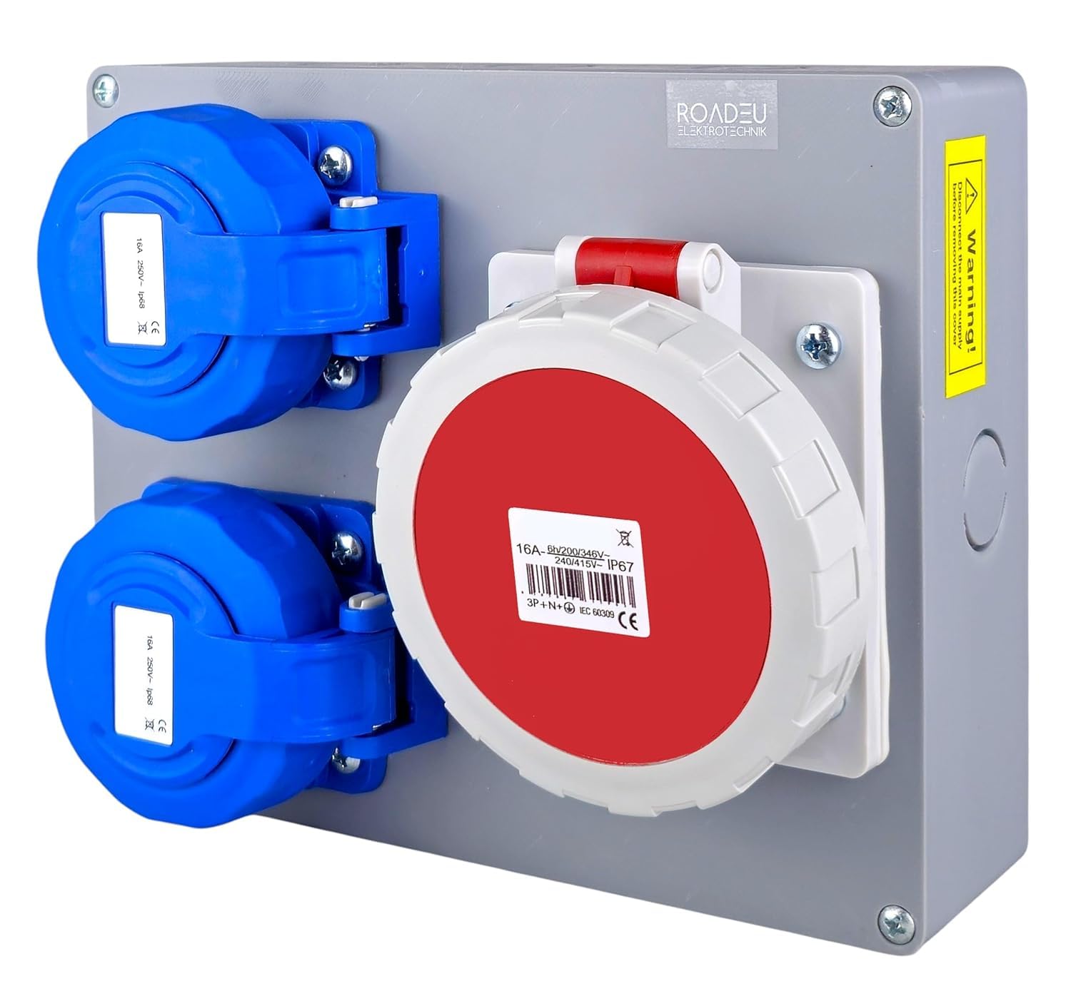 RoadEu – Caja de Distribución IP67 Estanca | 2x Enchufe Schuko 230V + 1x CEE 16A 5P 400V | Cuadro Híbrido Precableado para Obra