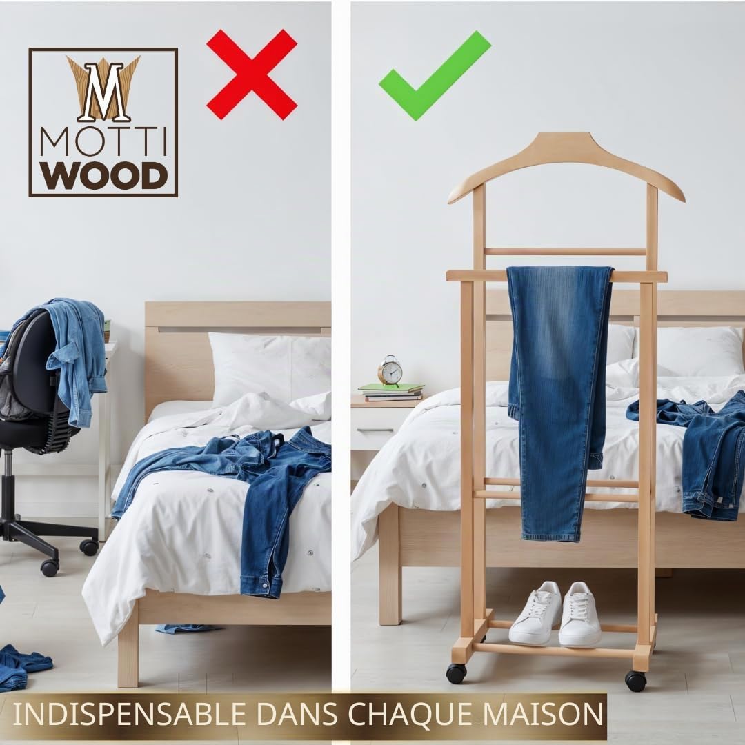 Mottiwood Portemanteau de chambre, l'original, porte-manteau de chambre en bois hêtre naturel, servo muet double avec 4 roues, fabriqué en Italie