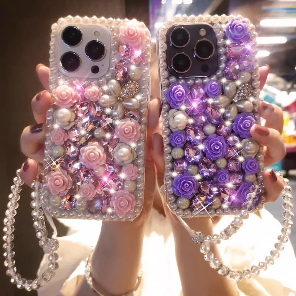 Custodia per telefono con fiore di perle di diamanti adatta per iPhone 15 14 Pro Max 13 12 11 X XR XS 8 Custodia con braccialetto trasparente a forma di fiore, viola, per iPhone 12Pro Max