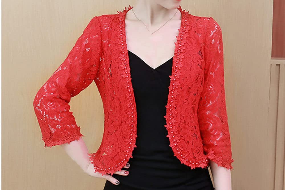 Strickweste Damen,Damen Rote Spitze Imitationsperlen Shrug Tops Elegante 3 4 Ärmel Strickjacke Vorne Offen Cropped Tops Schulterjacke Schiere Bolero Lässige Abendjacke Vertuschungen Für Kleidfrauen