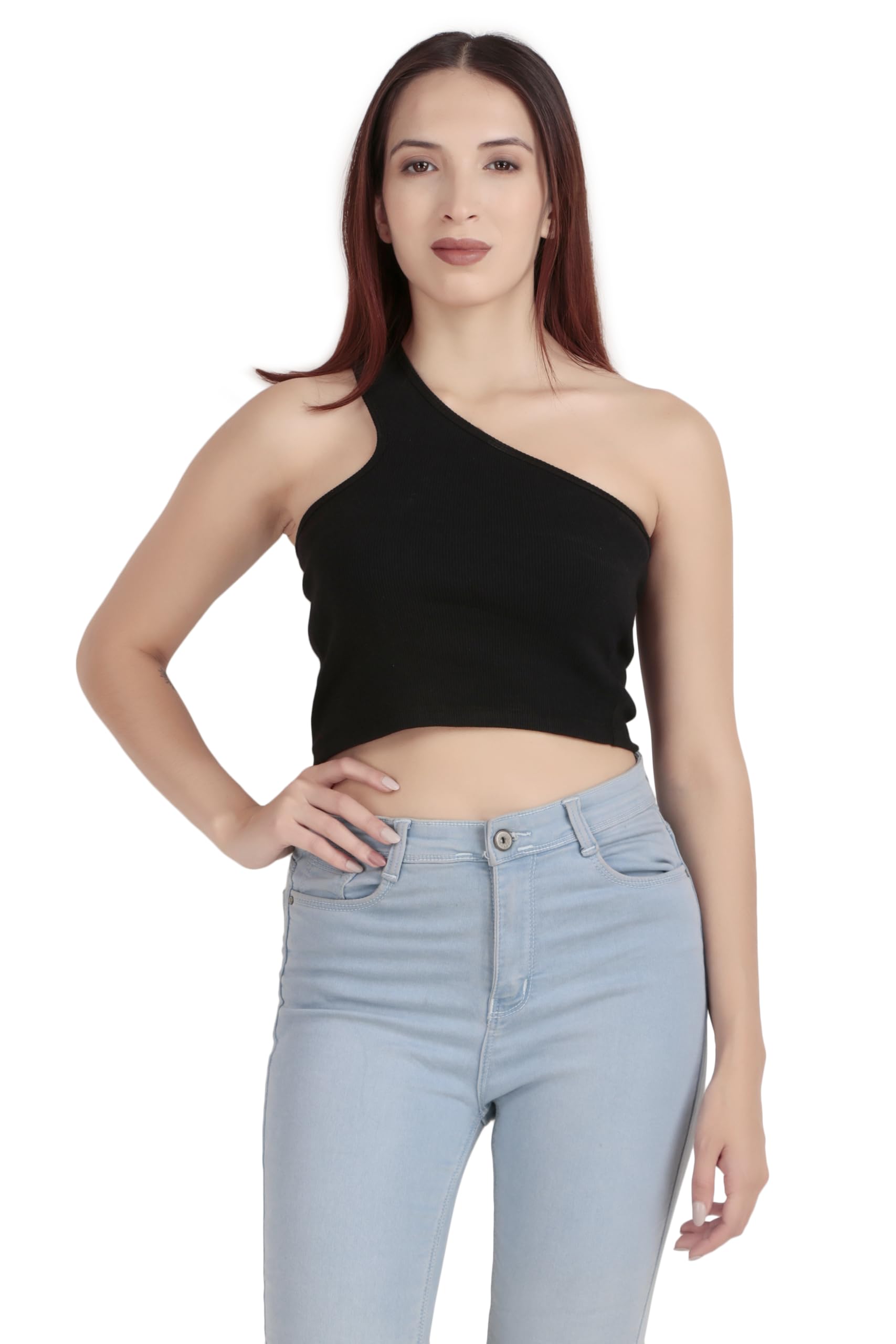 Brisky & Classy Women’s One Shoulder Ribbed Cotton Crop Top – Solid Black Sleeveless Fitted Tank-picture-39