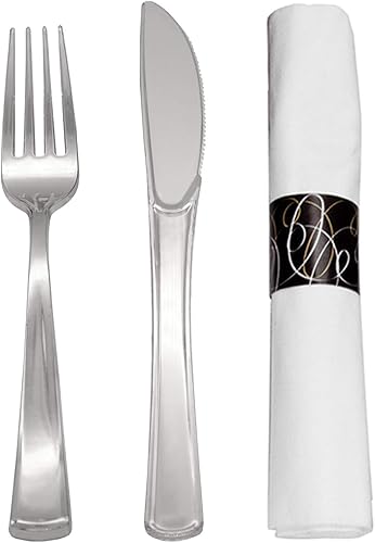 Party Essentials Party Supplies - Juego de cubiertos envueltos desechables, servilletas y cubiertos preenrollados, tenedorescuchillos plateados, 50