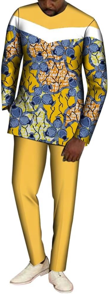 African Men's Clothing Fashion Suit Ankara Print Dashiki Outfit Top Pant Tracksuit
