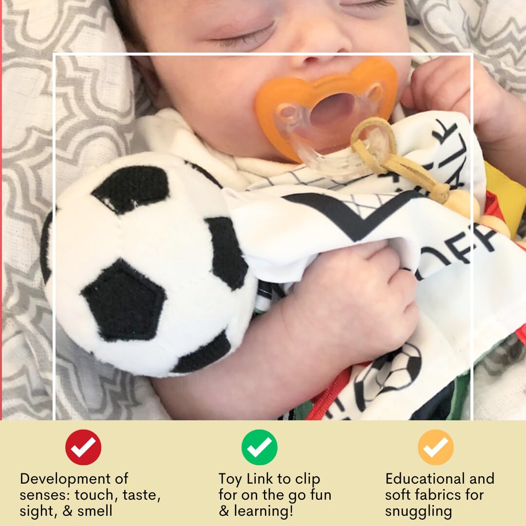 Baby Jack & Co 10x10” Soccer Sports Lovey Sensory Plush Blanket - Tag Toy for Babies - Baby Stroller Toys - Learn Shapes, Letters & Colors - MVP Ball Toy & Sports Gift w/ Stroller Clip World Cup