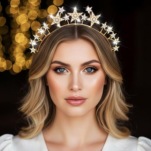 Miniatura 6 de CAKURE Diadema de corona con halo de estrellas, tiaras y coronas de estrellas de diamantes de imitación, diadema de María y diosa, accesorio para el