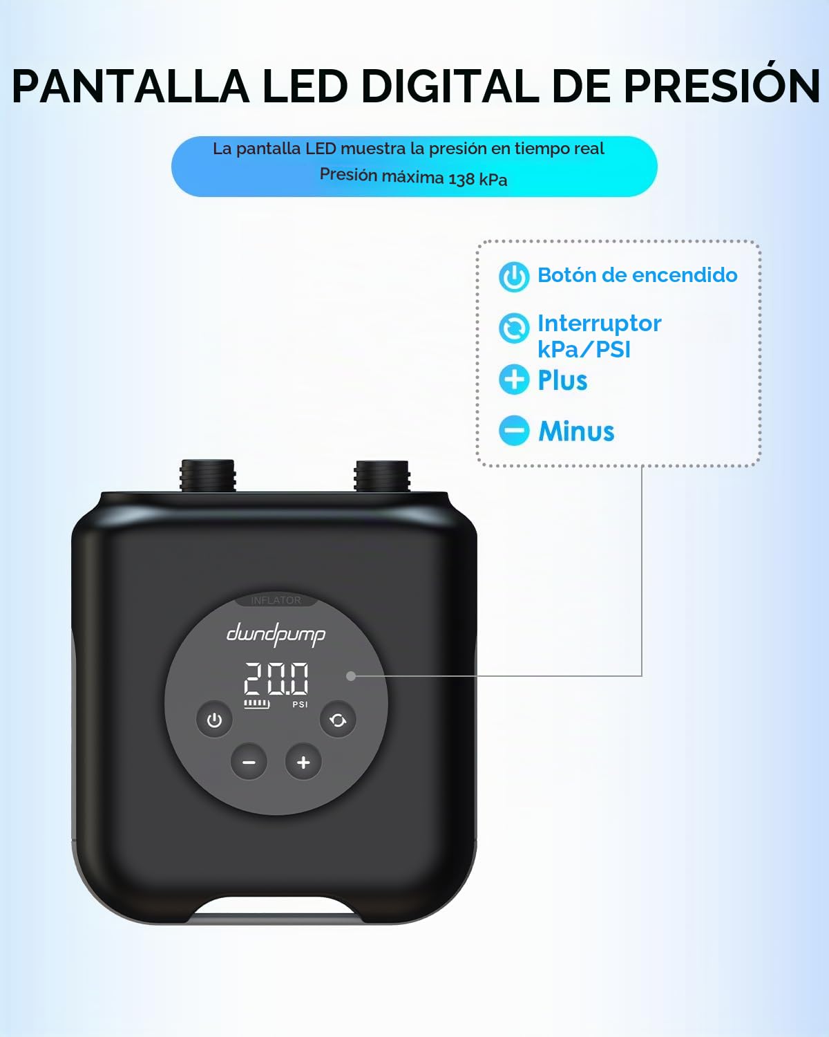 dwndpump Bomba Sup, Inflador Tabla Padel Electrico Recargable, Portátil Inflador Padel Surf Bateria, 4000 mAh y Conector de Coche de 12V, Inflado y Desinflado de Doble Etapa