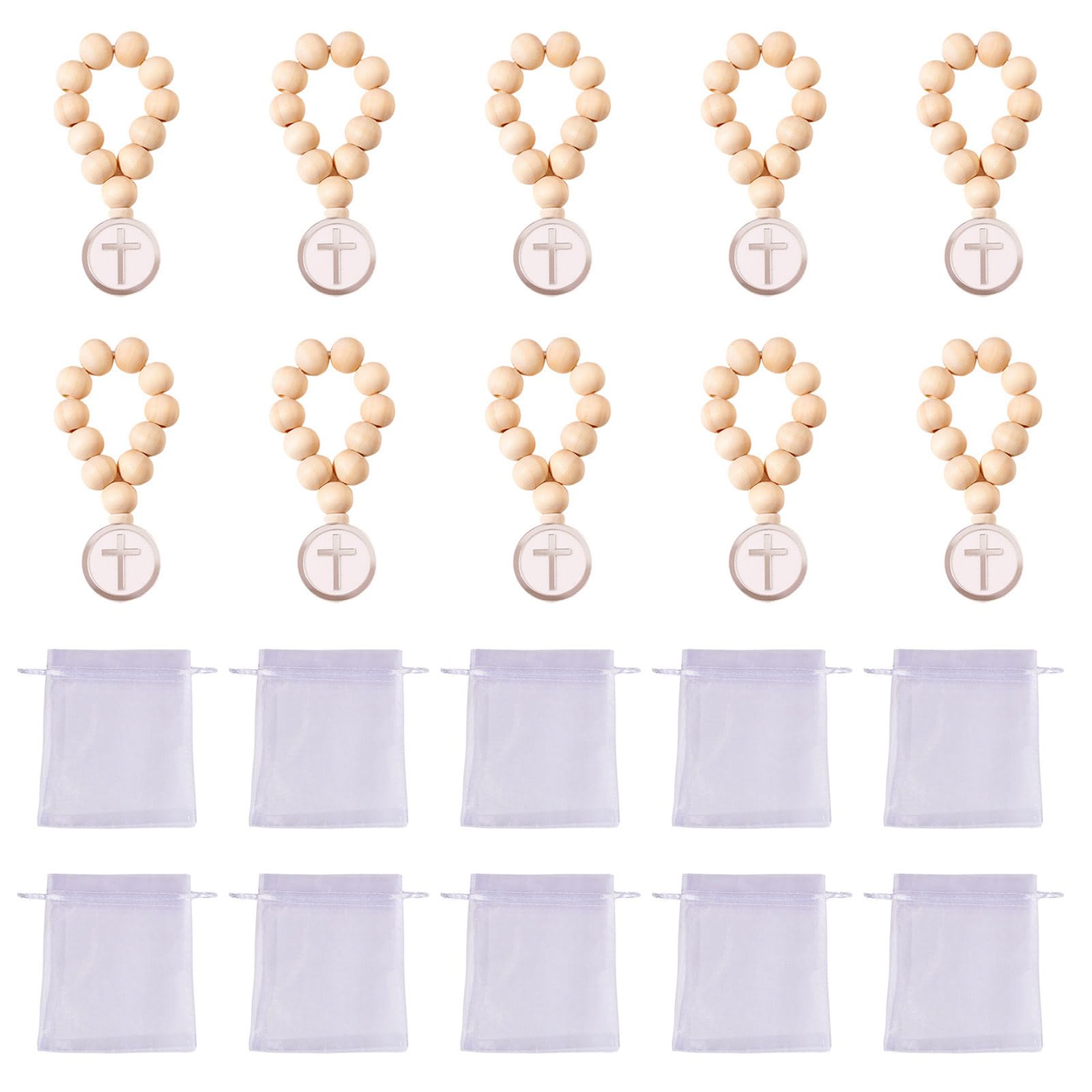 Rosario de cuentas de madera con crucifijo, rosario de primera comunión, con bolsas de organza, regalo de bautizo, unisex