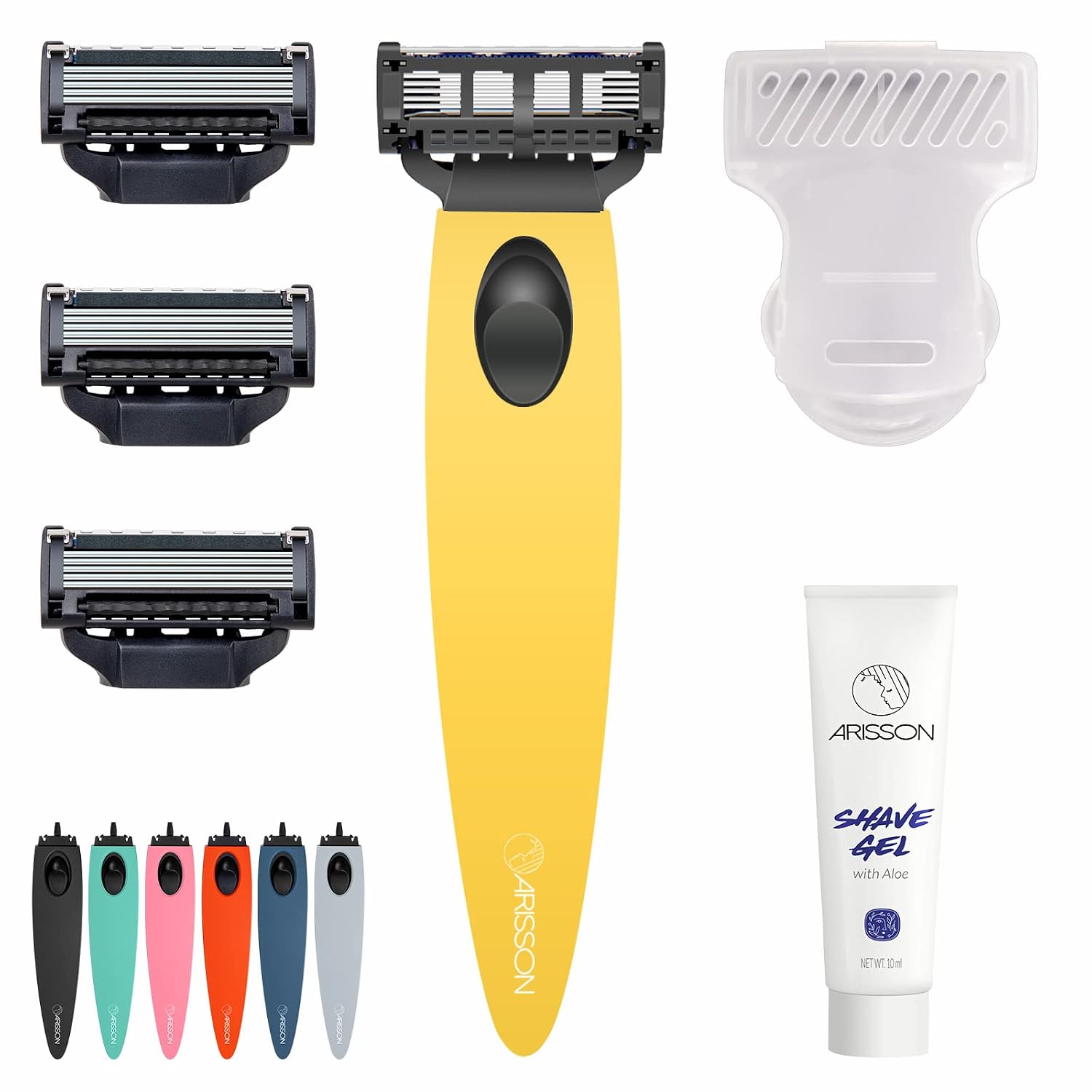 Arisson Men's Razors Set – Includes 1 Ergonomic Design Razor Handle, 4 Blade Refills, Travel Blade Cover, Shave Gel (Pink)