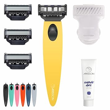 Arisson Mens Razors Set Includes 1 Ergonomic Design Razor Handle, 4 Blade Refills, Travel Blade Cover, Shave Gel Yellow