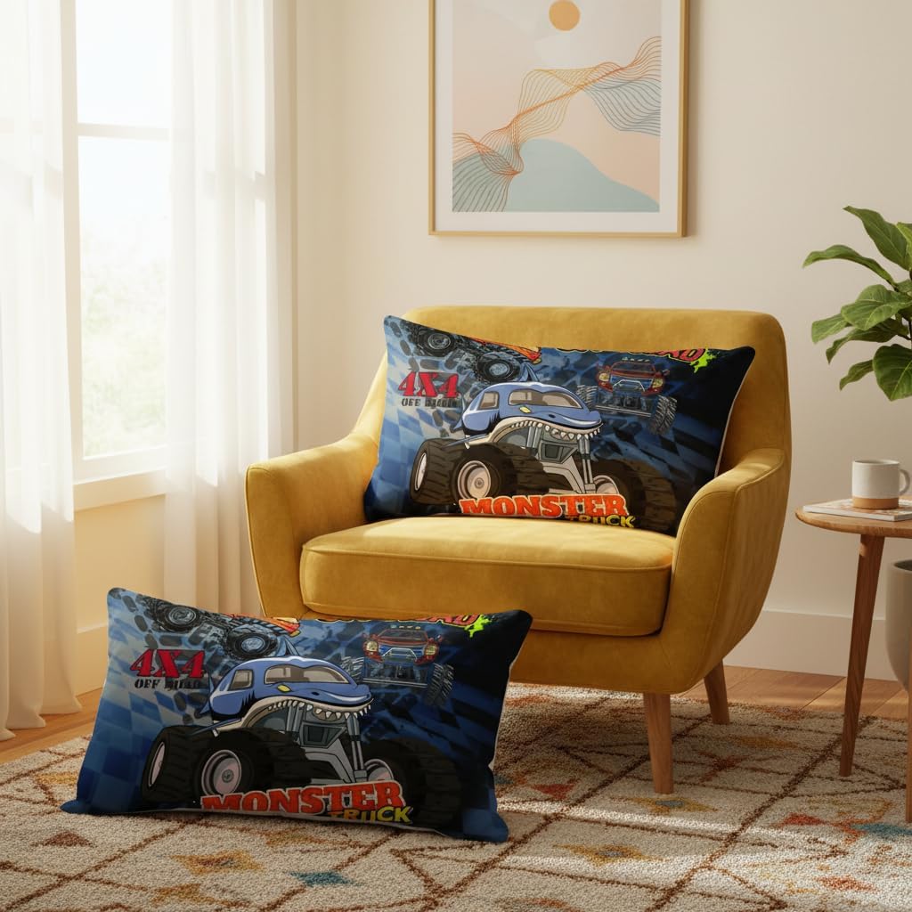 AILONEN Truck Comforter Set Queen Size, 3D Monster Truck on Blue Background Theme Bedding Set for Kids Boys Girls All Season,Soft Microfiber,3 Pieces,1 Quilt and 2 Pillowcases