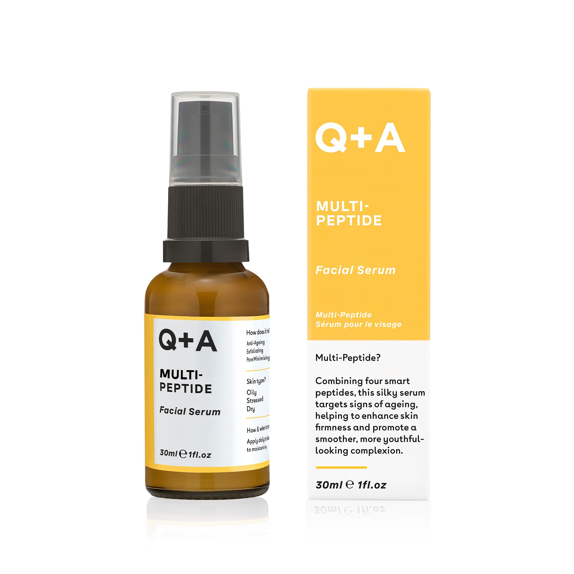 Q+A Multi-Peptydowe Serum (30 ml), Serum przeciwzmarszczkowy do twarzy z peptydami, bez zapachu, wygładza zmarszczki, poprawia koloryt i elastyczność, pielęgnacja dla młodego blasku