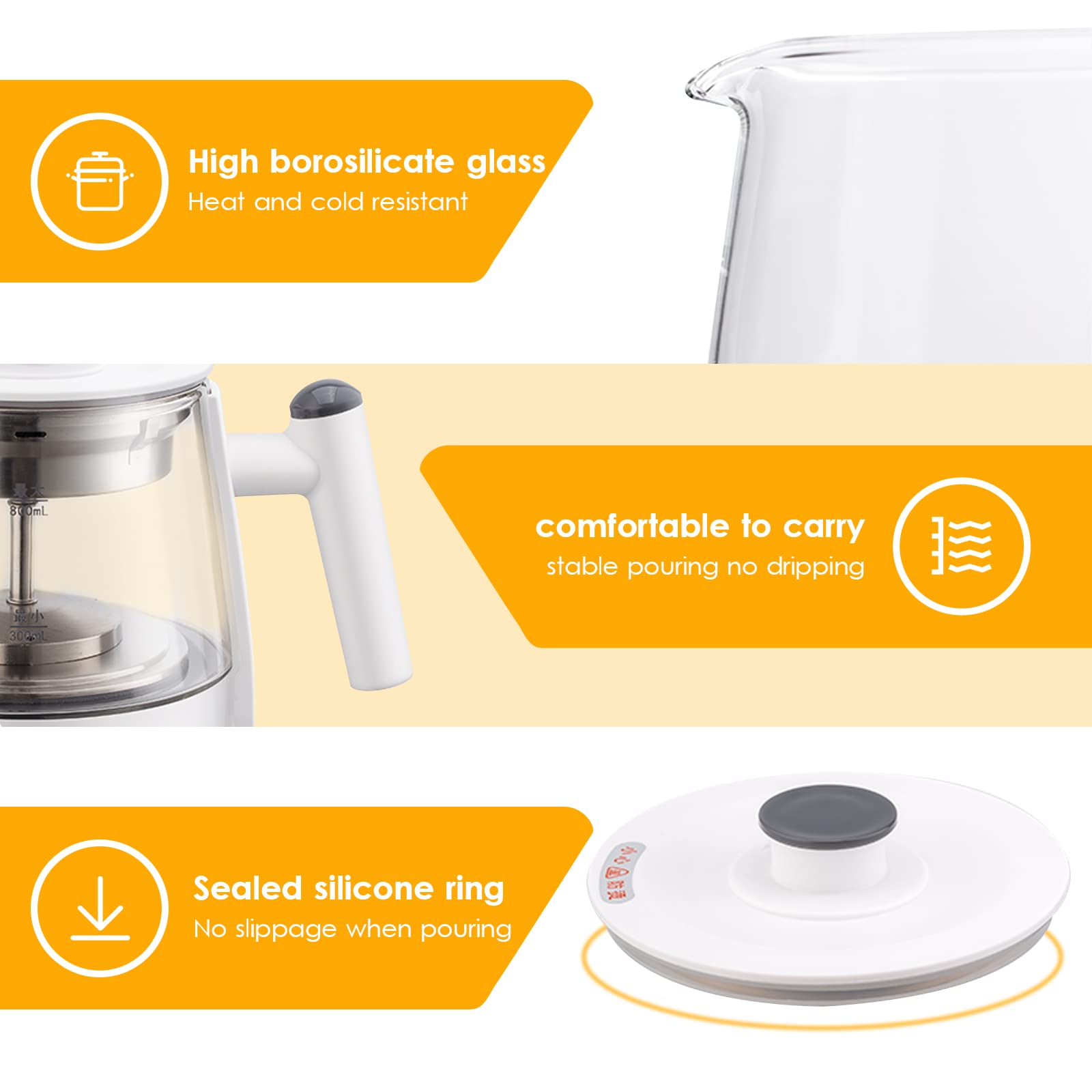 Hervidor de vidrio silencioso con filtro de acero inoxidable, hervido rápido de 0,8 L, tetera con función de mantener caliente, control de perilla sabiduría