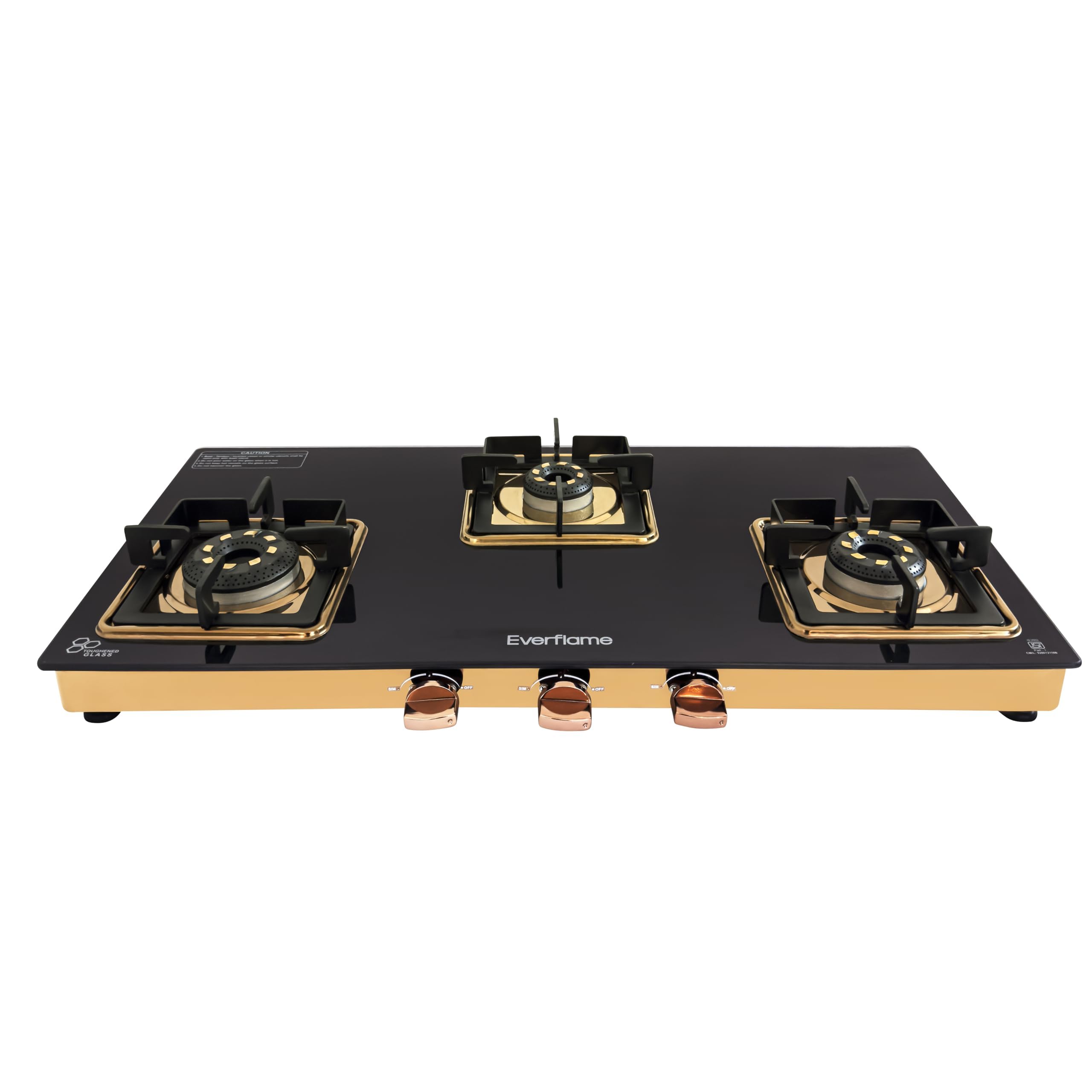 Everflame Aurum 3 Burner Gas Stove | Toughened Glass Cooktop | PetalArc Forged Brass Burner | Heavy & Durable SS Rose Gold Frame | 2 Years Warranty + Free Doorstep Service Accross Pan India