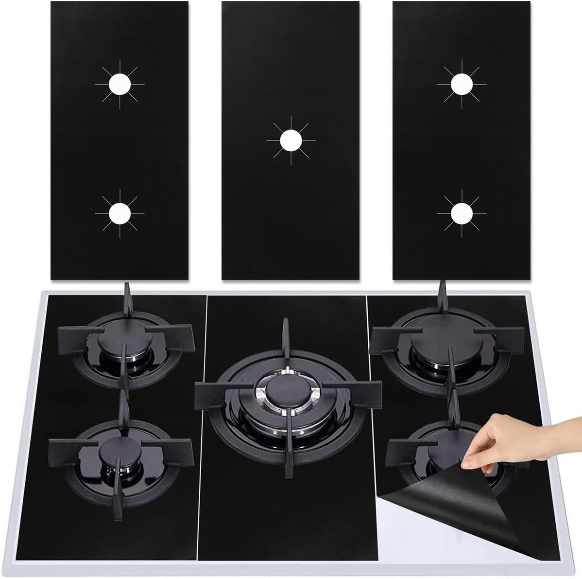 Reusable Gas Stove Burner Covers,Universal Gas Stove Protectors, 5 Hooks Non-Stick Heat Resistant Stove Top Gas Range Protectors Dishwasher Safe for Home Kitchen, Black, 2024050505