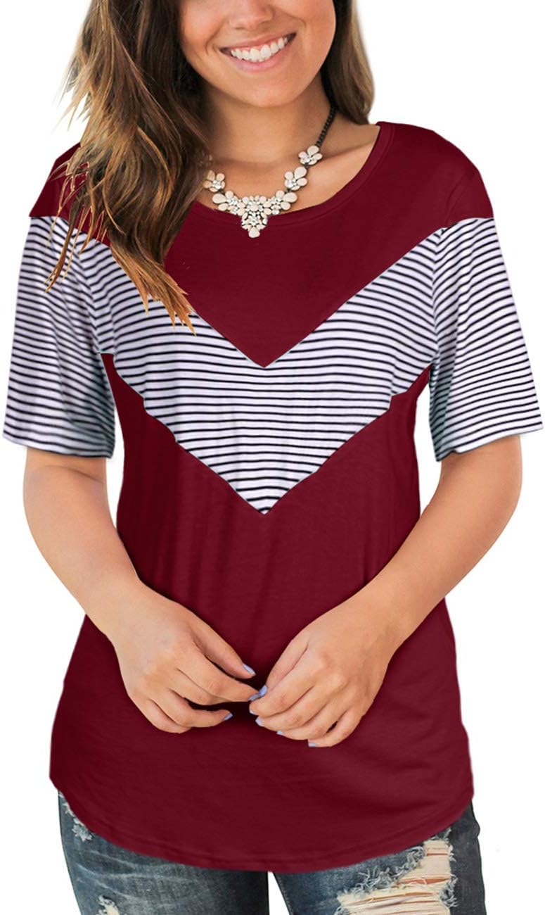 Womens T Shirts Scoop Neck Striped Short Sleeves Basic Summer Tee Tops Wine S