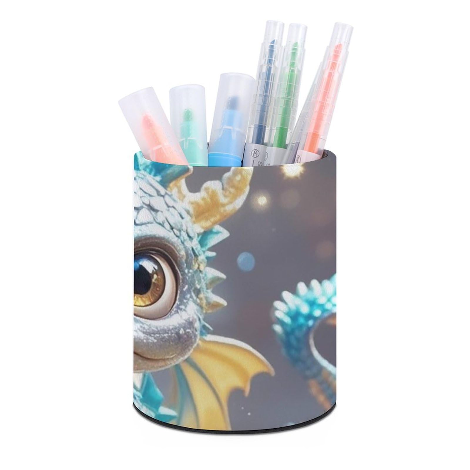 FekiLoot PU Leather Round Pen Holder Cute Dragon Pencil Holder Desk Organizer Pen Organizer Pen Cup Pencil Cup Caddy Desktop Stationery Organizers for Office Home Supplies