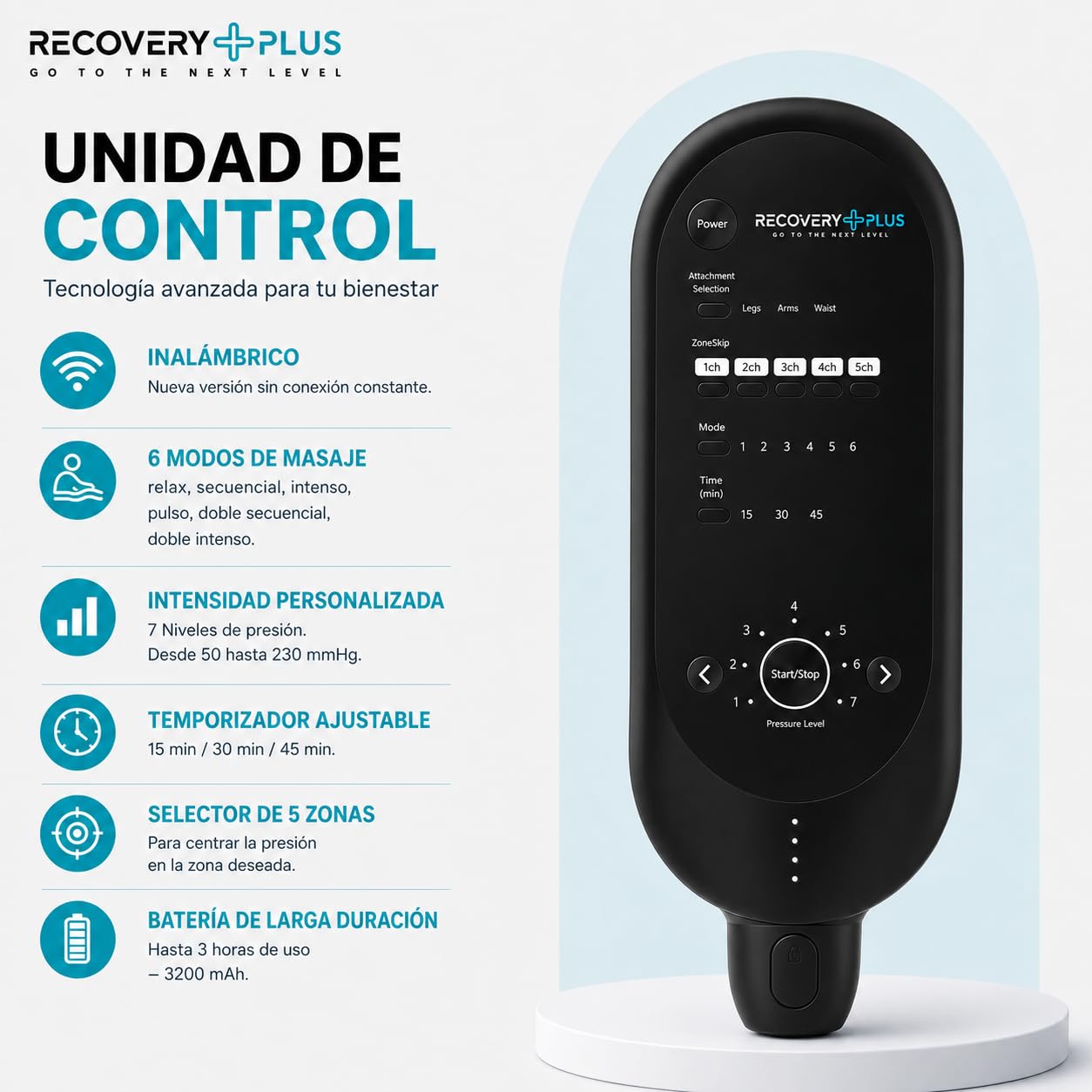 RECOVERY PLUS - RP 5.0 | Presoterapia para casa. Masajeador de pies y piernas. 6 modos de masaje. Hasta 230 mmHg. Favorece la circulación. Eficacia profesional. (Talla L)