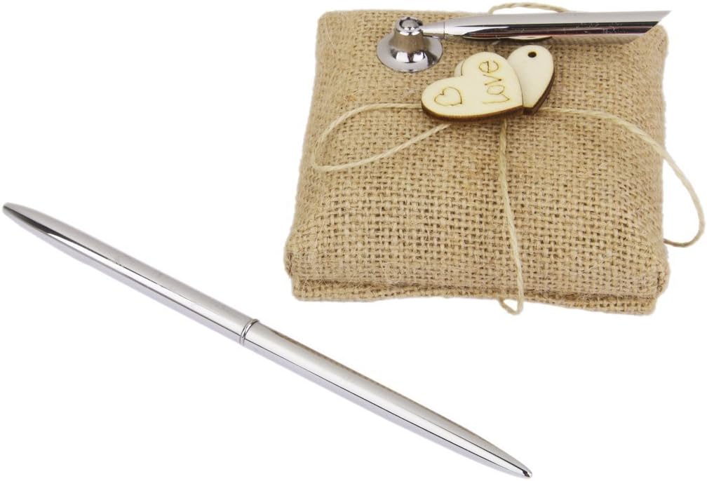 EBTOYS Vintage Burlap Wedding Reception Guest Pen with Stand Wooden Hearts Embellished Wedding Reception Party Table Decor image 3