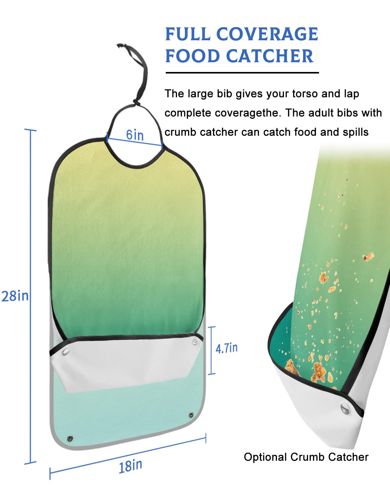 Kewadony Adult Bibs for Elderly Women - Yellow Green Ombre Waterproof Dining Clothing Protectors with Crumb Catcher for Eating/Feeding, Gradient Color Green Terry Cloth Bib Machine Washable