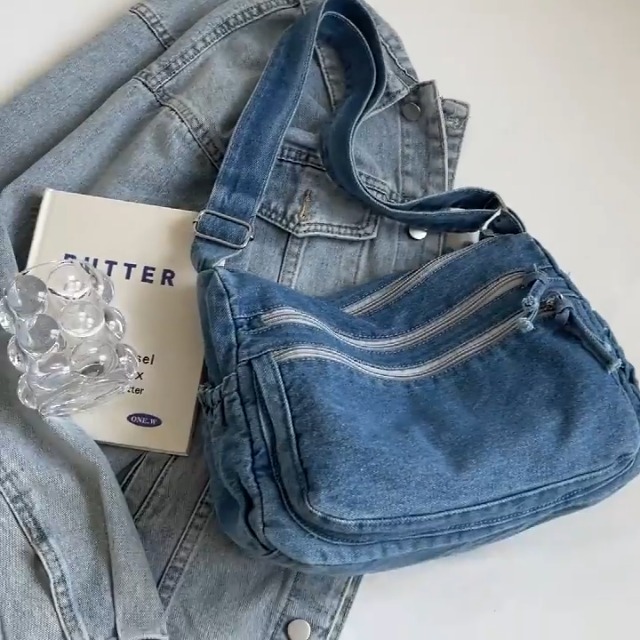 Bolso Denim unisex casual con bolsillos y correa miniatura 7