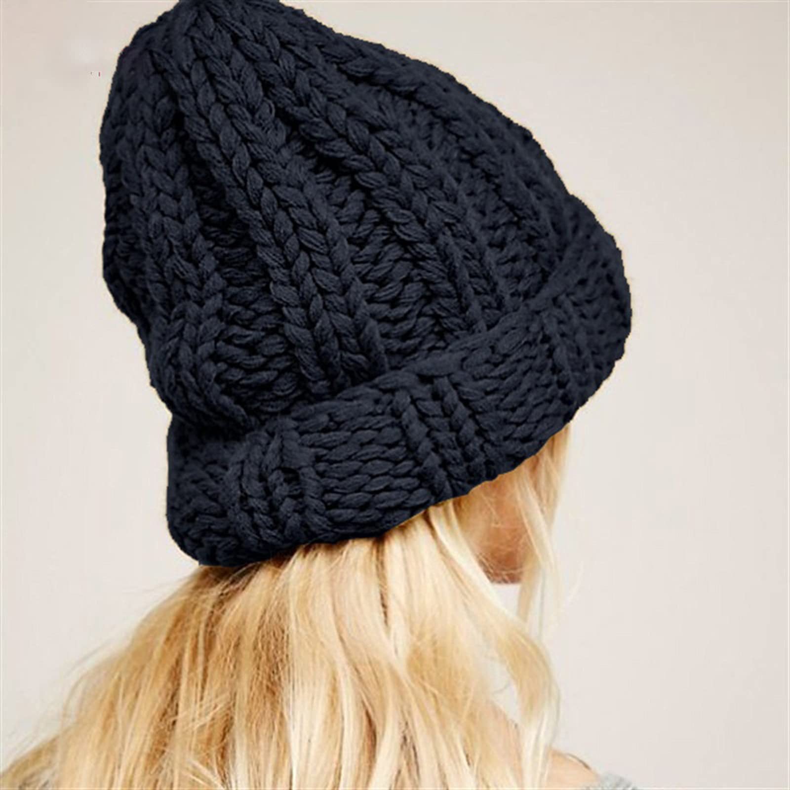 XIANGFADDM Kapelusz Kobiety Zimowe Dzianiny Czapki Kapelusz Gruby Miękkie Ciepłe Gruba Duże Duży Dzianiny Solid Kapelusz Kobiet Bonnet Czapki Czapka Kapeluszowa (Color : Black)