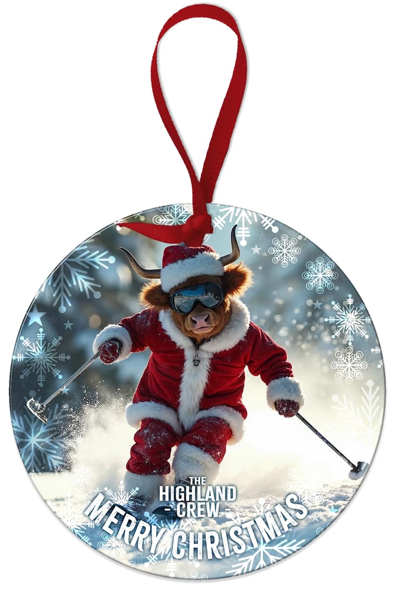 Round Metal Dangler Ornament Sign (75 mm Diameter) - The Highland Crew (Xmas Highland Cow Ski)