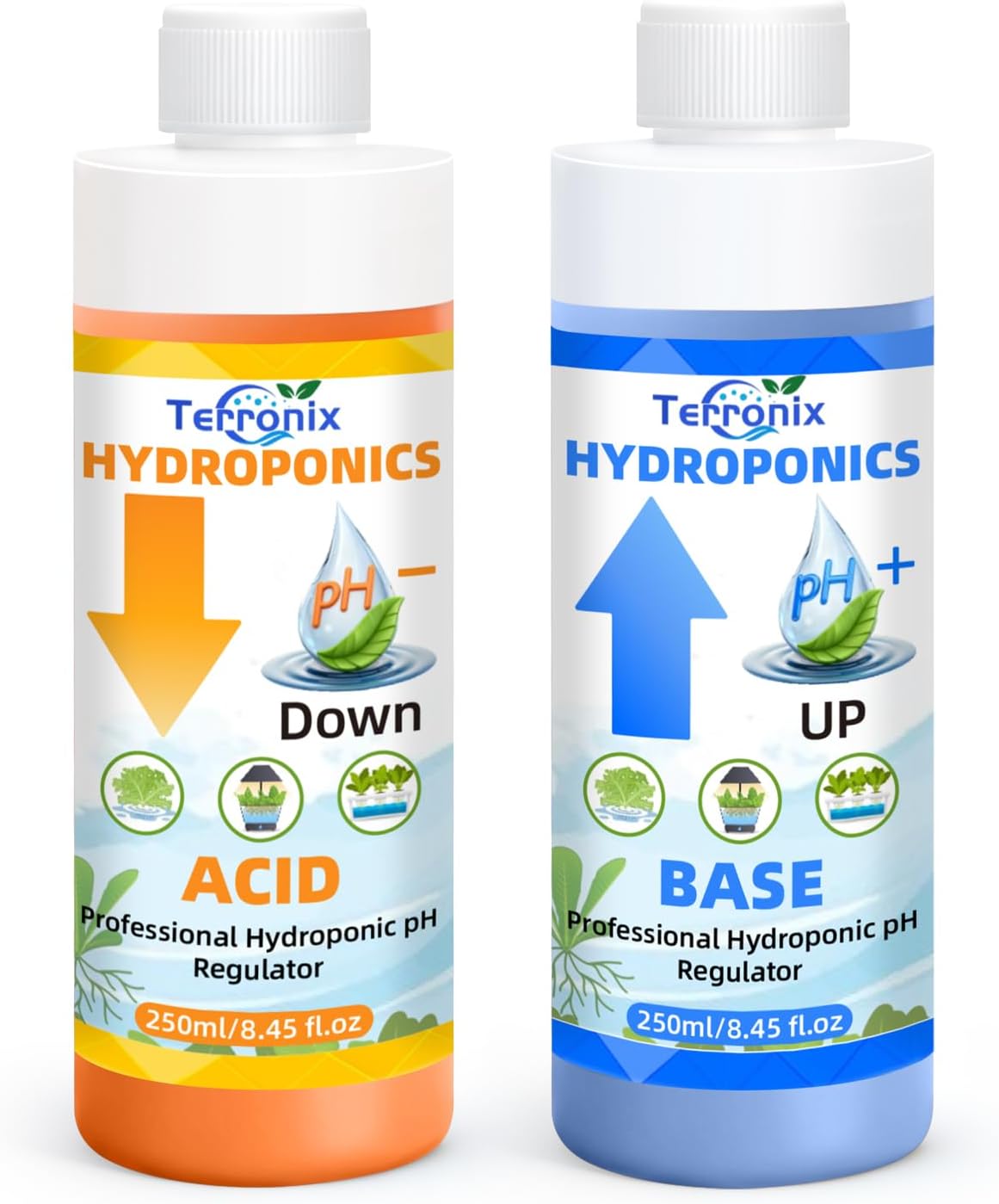 pH Up & pH Down for Hydroponics, Complete pH Control Kit – 250ml pH Up and 250ml pH Down with 2×50ml Beakers for Water pH Adjustment