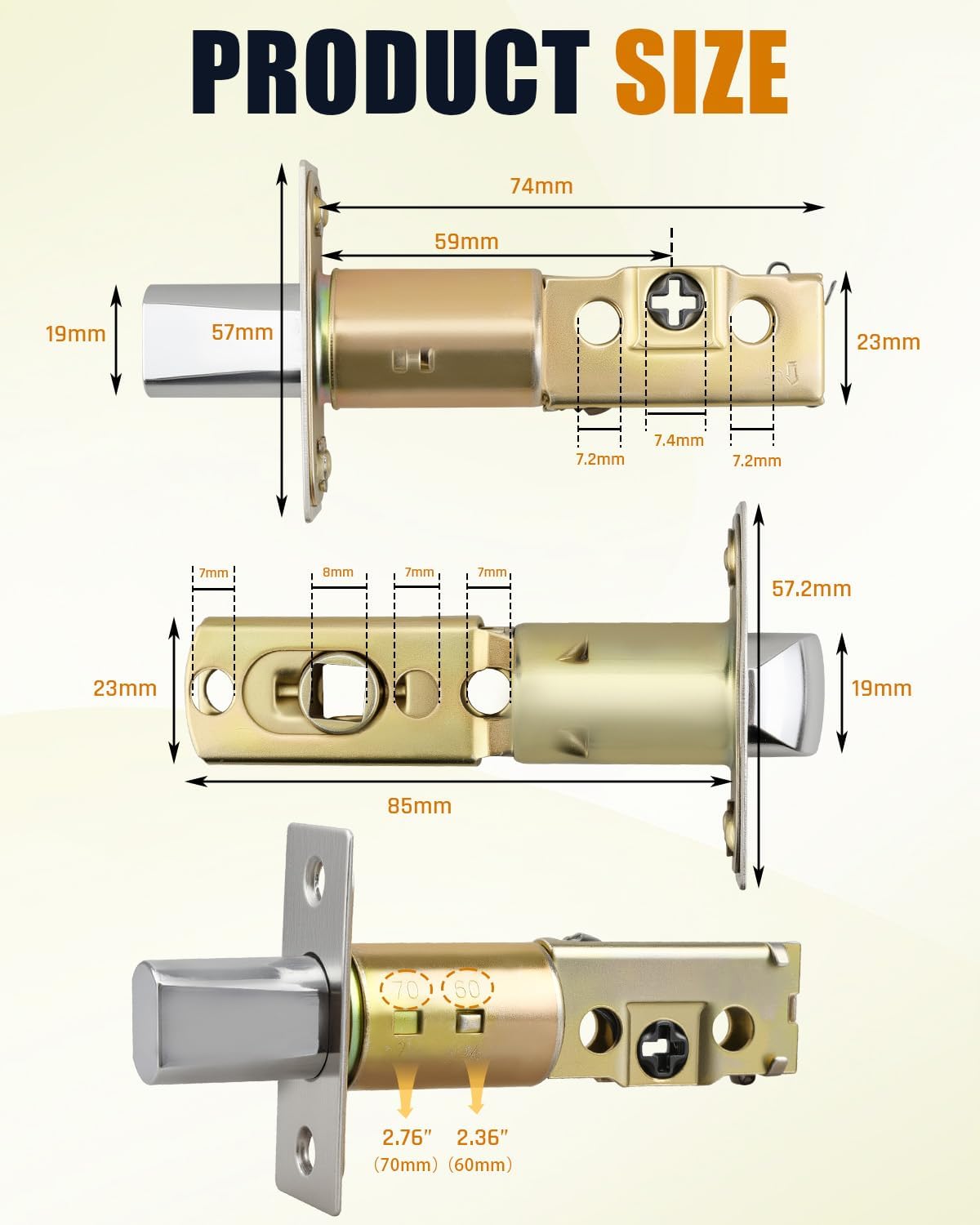 Adjustable Deadbolt Lock Latch 2-3/8" & Adjustable Door Knob Latch 1-3/8", for Lever Door Handles Inner Door Handles, Square Interface, Universal Door Lock Replacement Parts