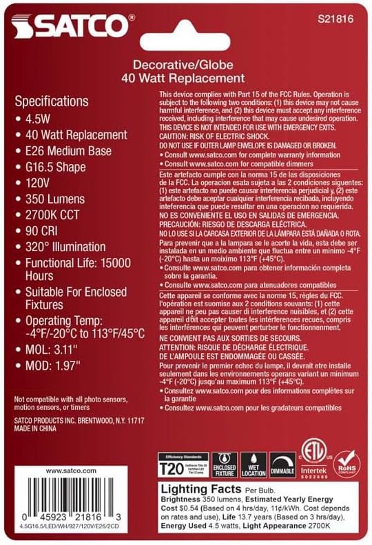 Satco 21816-4.5G16.5/LED/WH/927/120V/E26/2 Globe (S21816) G16 5 Globe LED Light Bulb