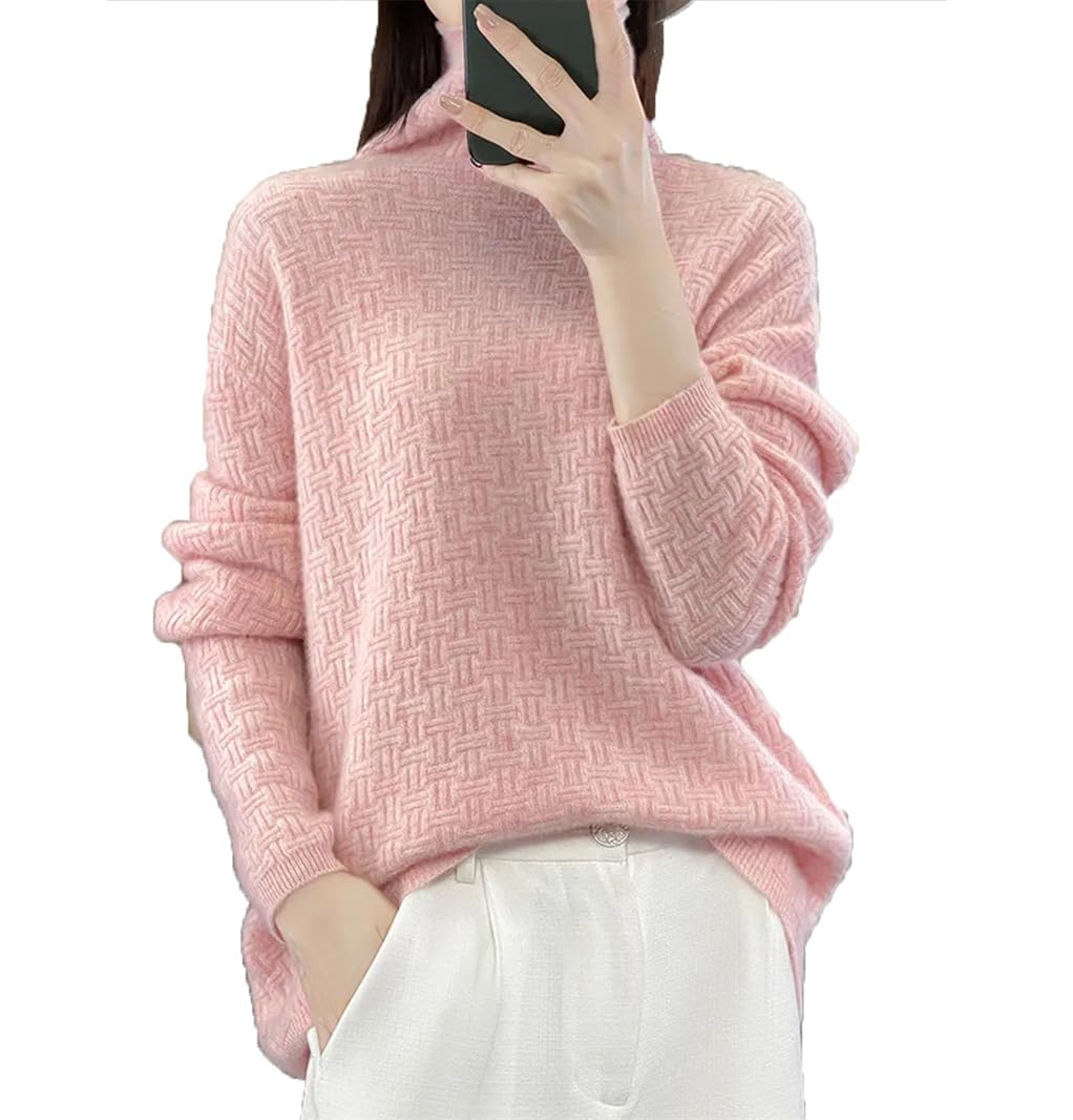 Dninmim Maglione da donna in lana a collo alto, autunno e inverno, maglia allentata