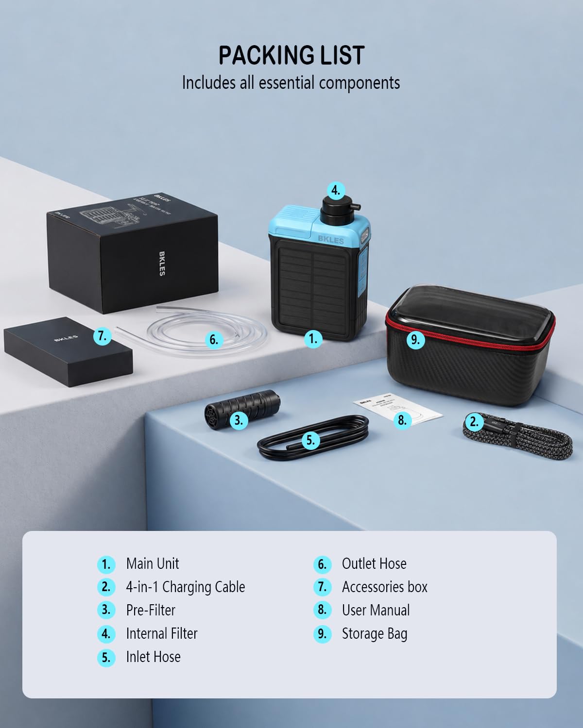 BKLES Filtre à eau électrique solaire 3 en 1 avec pompe à main, système de filtration d'eau de camping, purificateur d'eau portable avec lumière d'urgence, équipement de survie pour la randonnée,