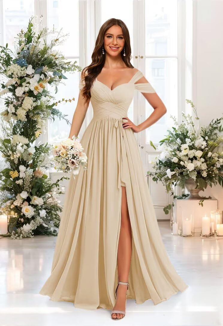 Stylefun Women's Off Shoulder Bridesmaid Dress with Belt Chiffon Ruched Formal Evening Gowns STN002
