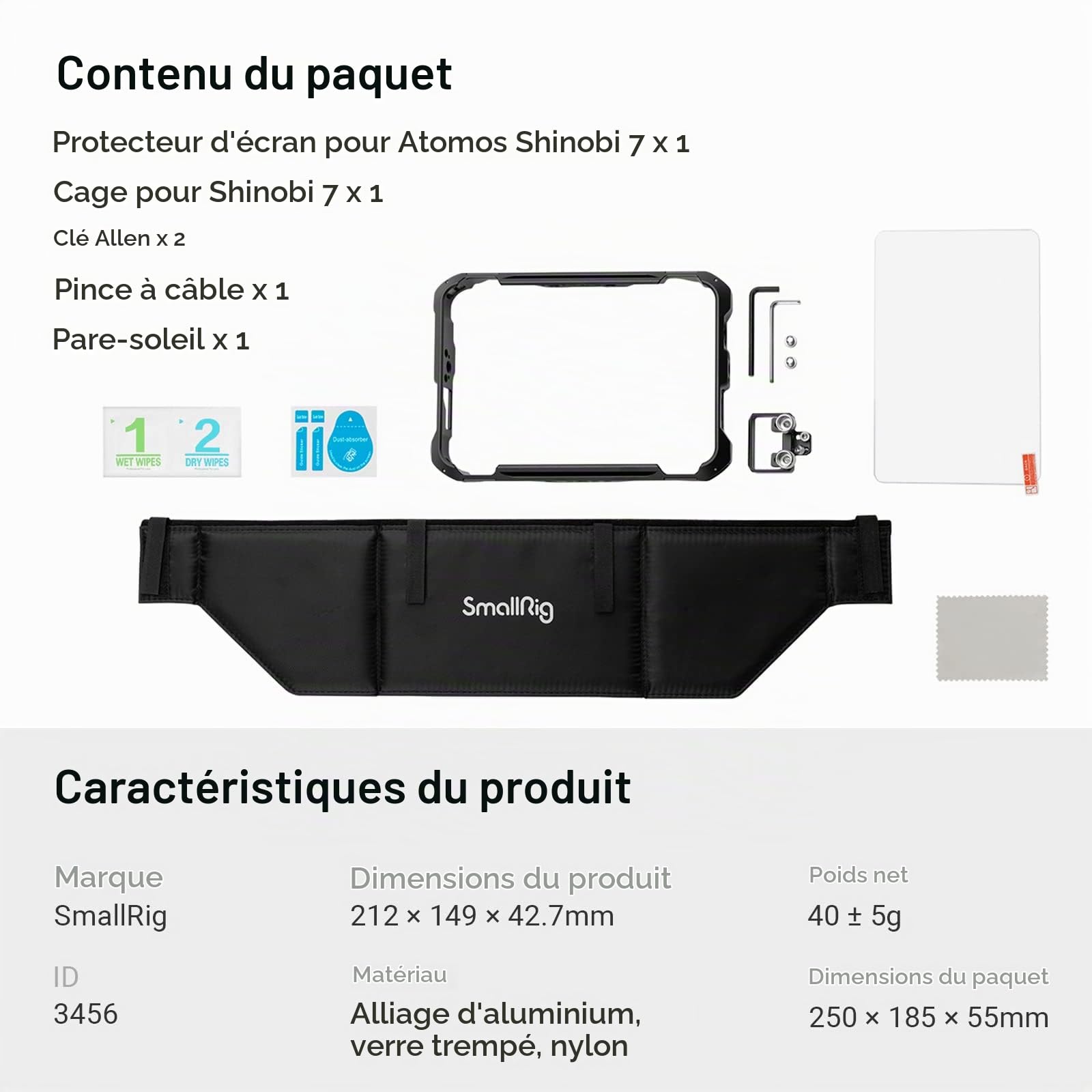 SMALLRIG Cage de Moniteur pour Atomos Shinobi 7, Kit de Cage avec Serre-Câble, Rail NATO Intégré et Pare-Soleil - 3456