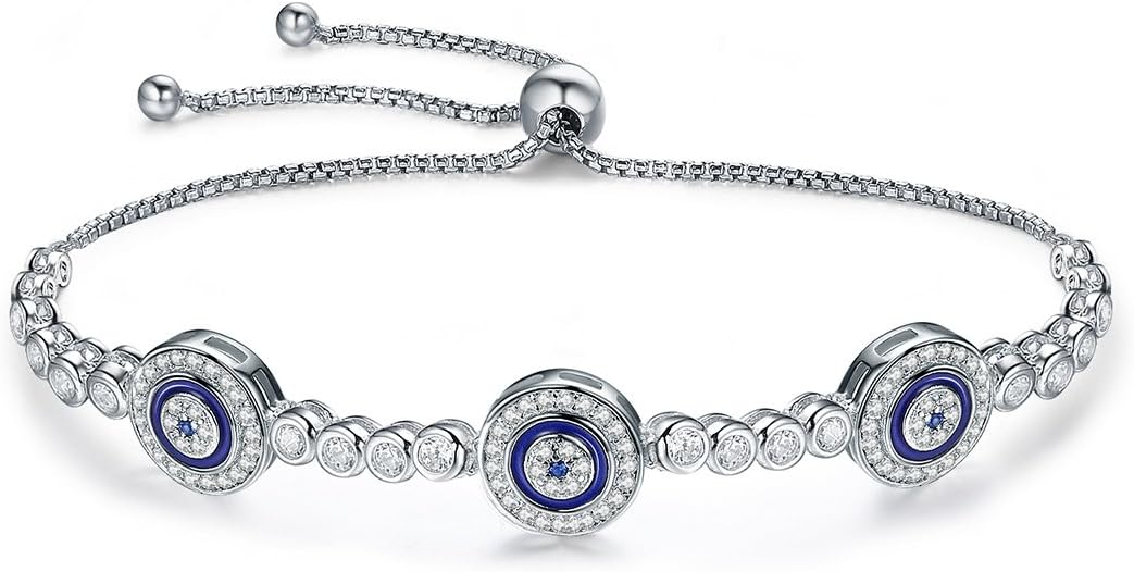 WOSTU Women Evil Eye Protection Bracelets 925 Sterling Silver White Gold Plated Adjustable Bracelets