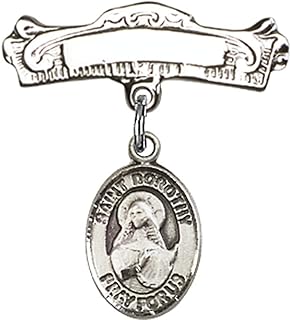 Sterling Silver Baby Badge with St. Dorothy Charm and Arched Polished Badge Pin 7/8 X 7/8 inches