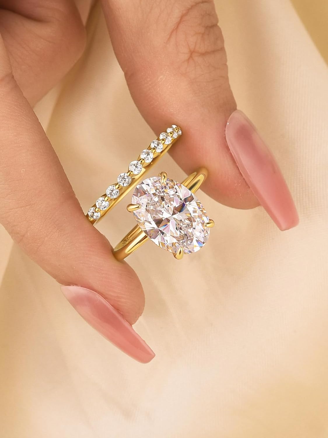 5 CT Oval Cut CZ Bridal Ring Set for Women, S925 Silver 2-Piece Wedding Engagement Rings, 5A Grade CZ Stackable Promise Ring Set - Image 6