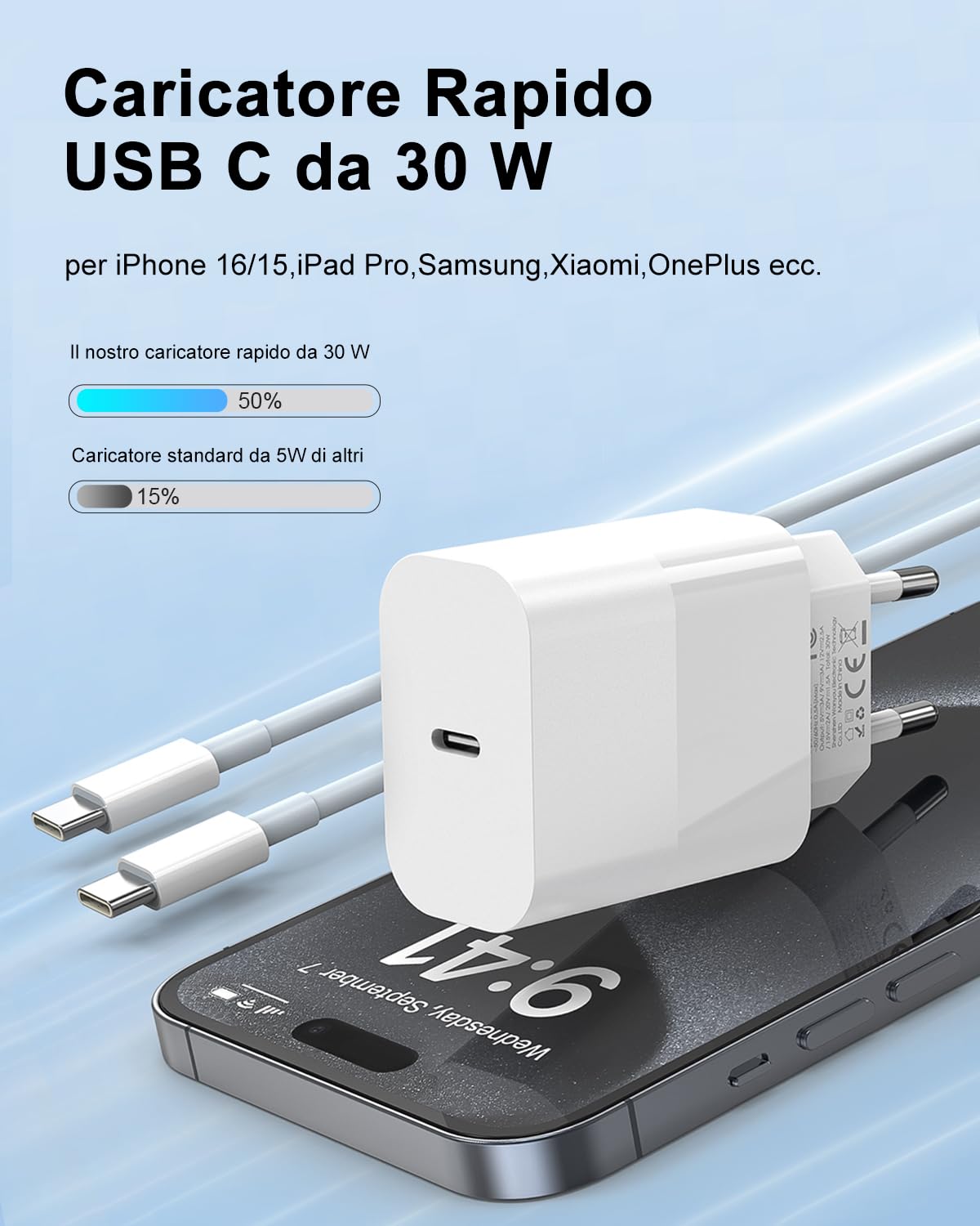 Caricatore USB-PD 20W E Cavo USB-C Da 1m Per Doogee T30 Pro – Ricarica Rapida 3.0A