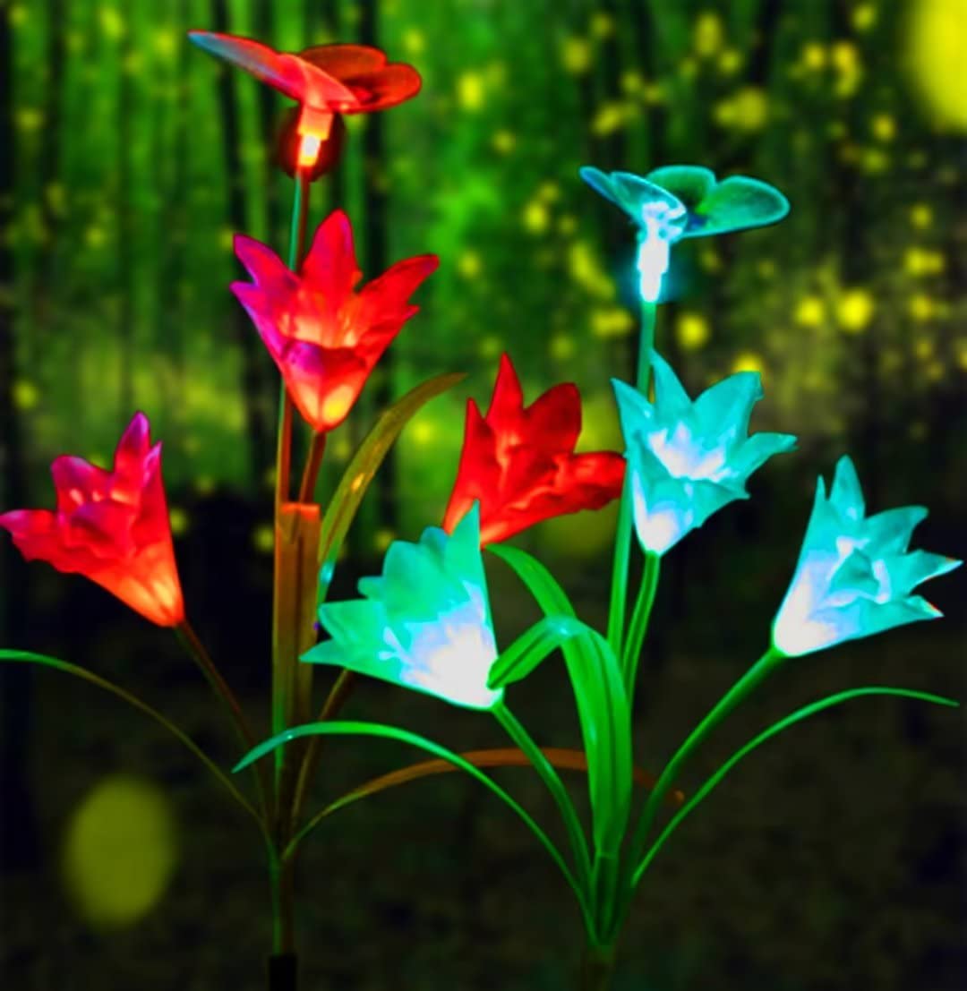 GUANSHAN 2 PC Outdoor Solar Lights, Lily Solar Flower Lights, Led Solar Lawn Light with Butterfly, 7 Color Light Changing, Perfect for Garden, Yard, Patio, Walkway (Red + White)