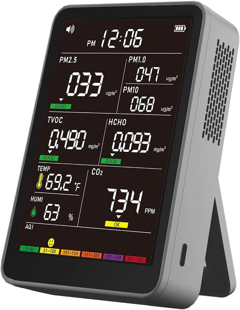 Monitor de calidad del aire interior 16 en 1, probador inteligente de calidad del aire multiparámetro de alta precisión con pantalla a color HD en tiempo real, monitor portátil de calidad del aire para el hogar, oficina, automóviles, dormitorio (gris claro)
