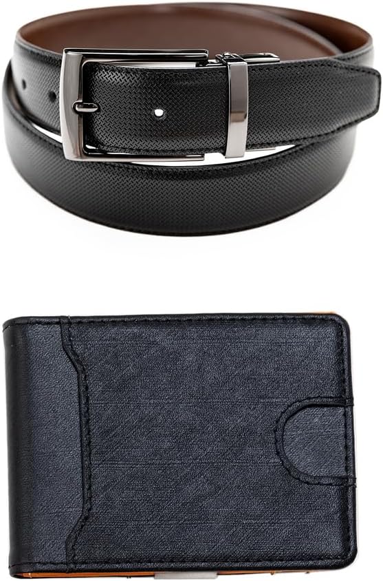Men's Belt and Wallet Gift Set | Reversible Belt with Swivel Buckle for Dress Casual Jeans | Slim Bi-Fold Wallet