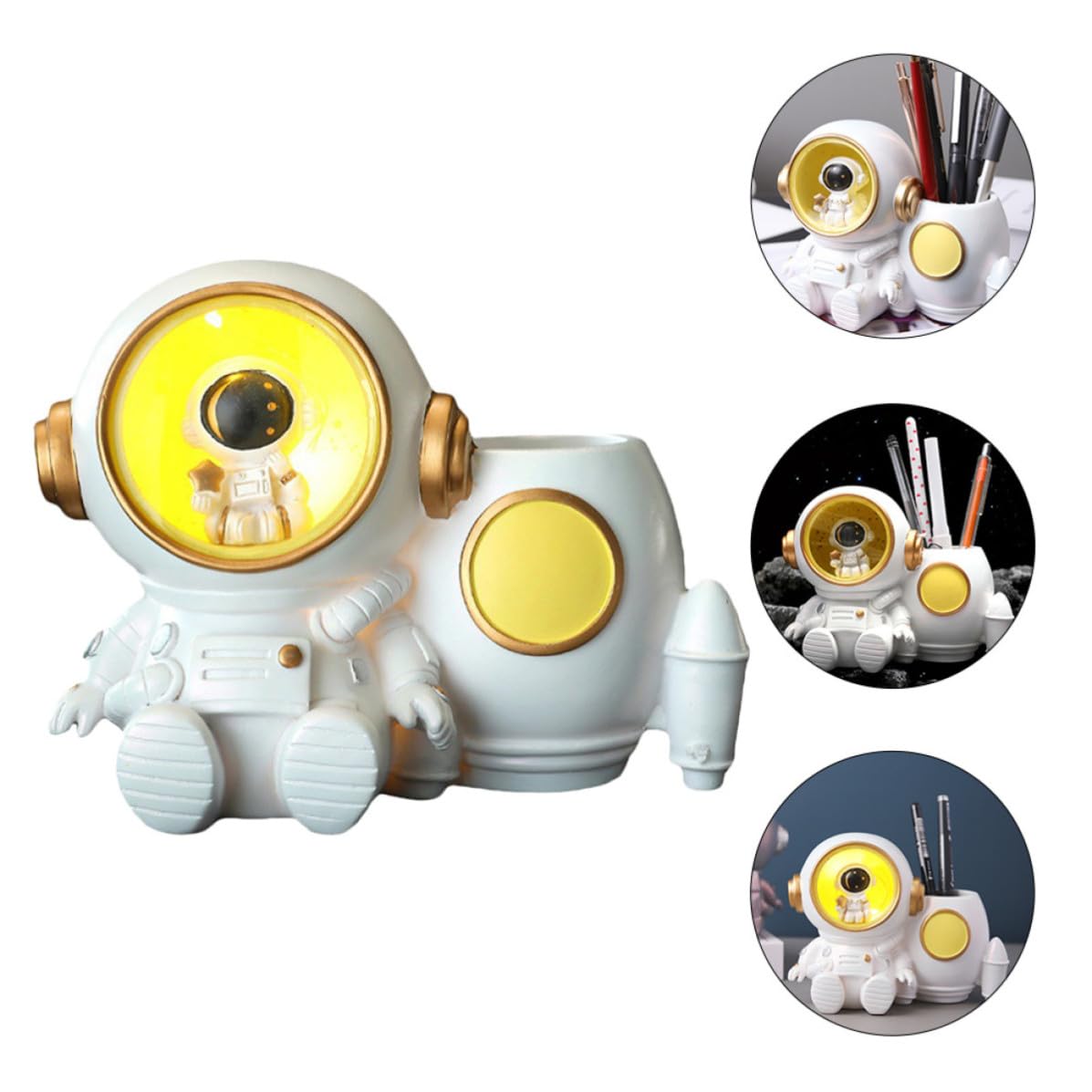 Holibanna Portapenne Grande Capacità Astronauta con Luce Bianco in Resina Porta Penne e Accessori per Organizzare Materiale Scolastico per Studenti e Ufficio Scrivania