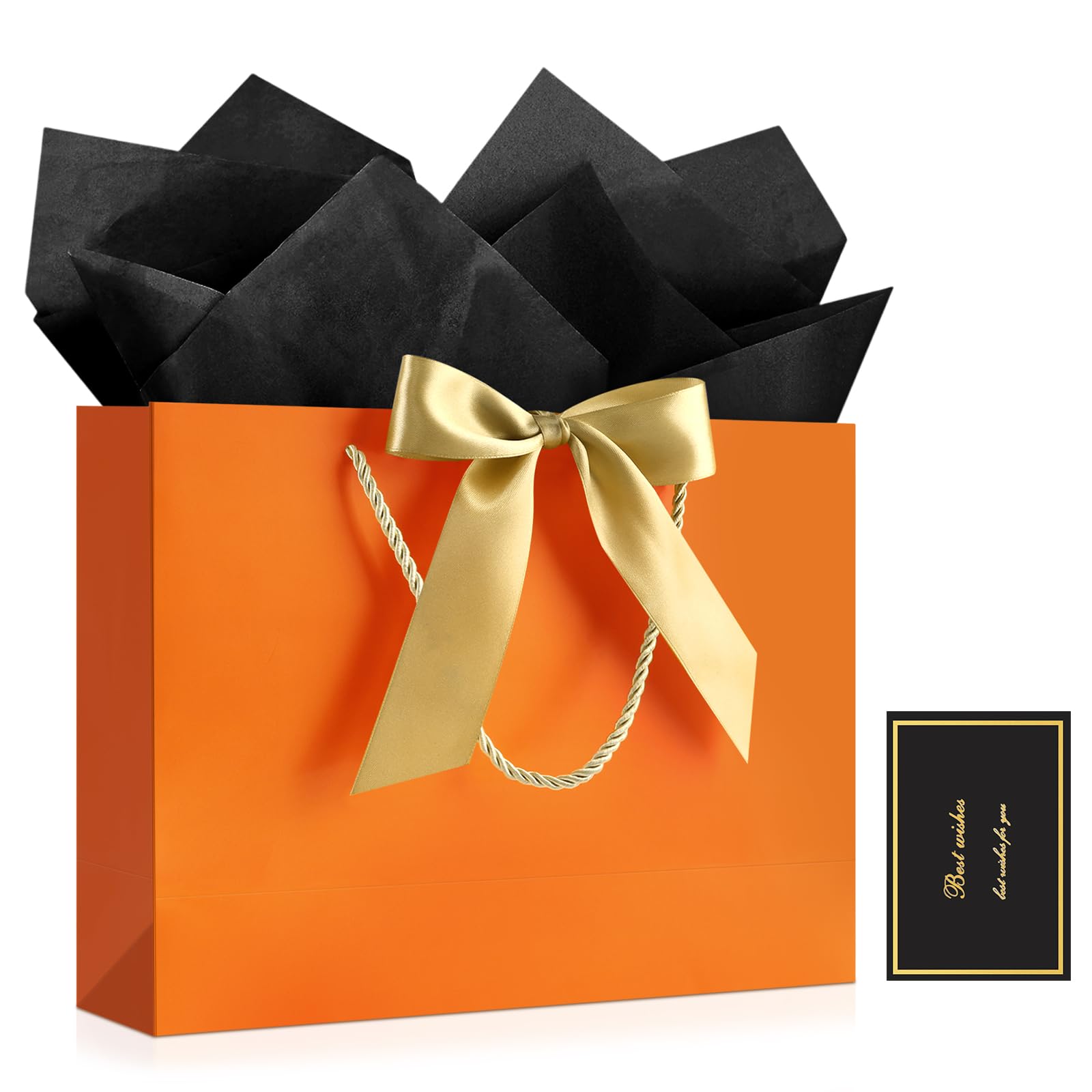 YoungTree Gift Bag with Tissue Papers and 1 Greeting Card Ribbon, Portable Paper Gift Bag with Handles, Birthday Gift Bags, Present Bags for Halloween Party Supplies, 12.6" x 9.8" x 4.3" (Orange) — image 1