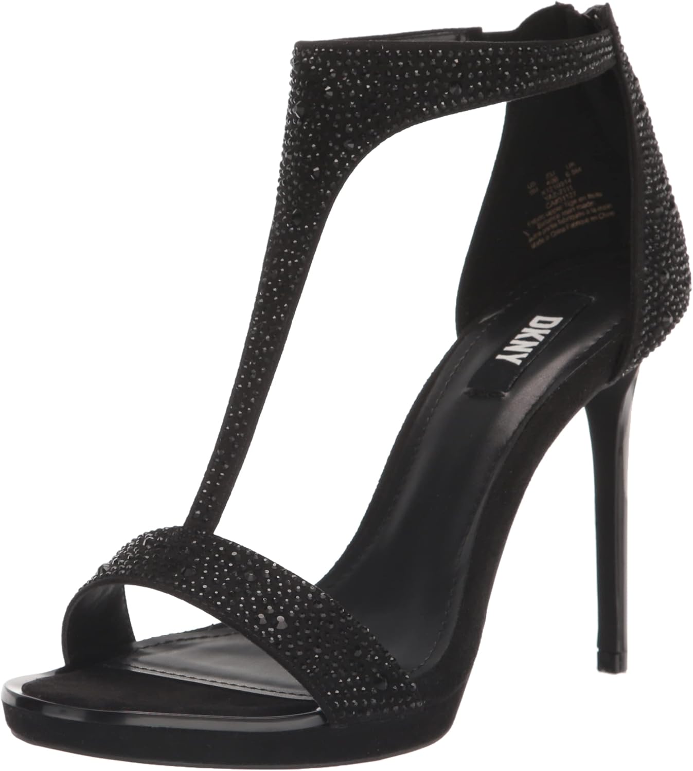 DKNY Women's Dris Stones Open Toed Glitter Heels Flat Sandal, Black, 8