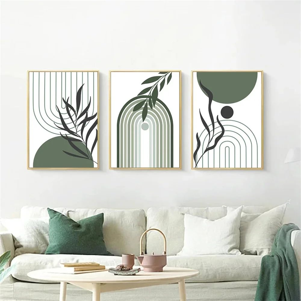 WBYZAC Art Prints-Green Geometric Abstract Rainbow Line Wall Art Canvas Painting Plant Leaves Print Pictures Boho Wall Poster Living Room Kitchen Office Decor-50 * 60cm*3PCS (No Frame)