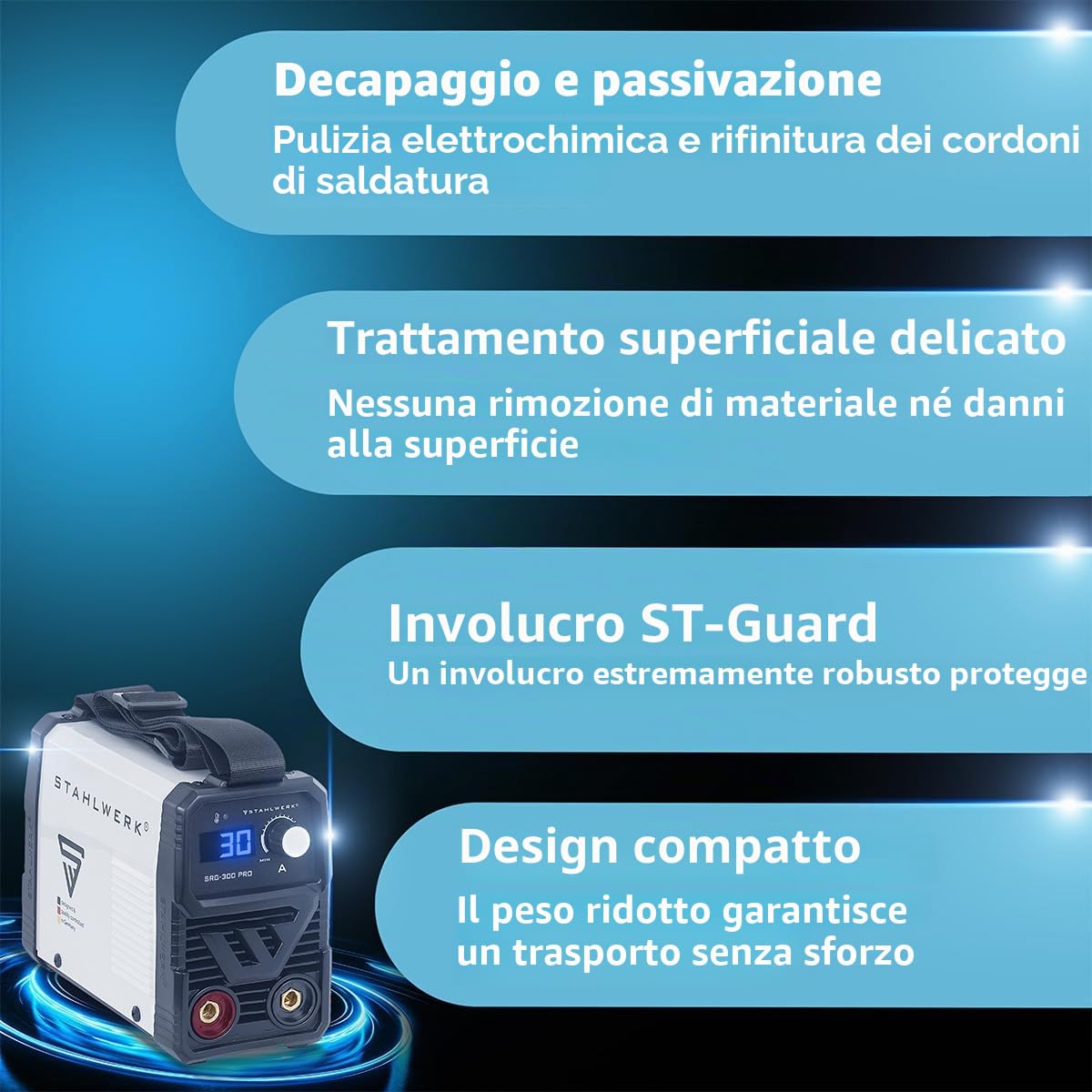 STAHLWERK SRG 300 Pro Dispositivo per la pulizia delle saldature – Dispositivo compatto di pulizia e decapaggio per pulizia elettrochimica, passivazione e finitura di saldature, 10-30 A, 230 V, 2,2 kg