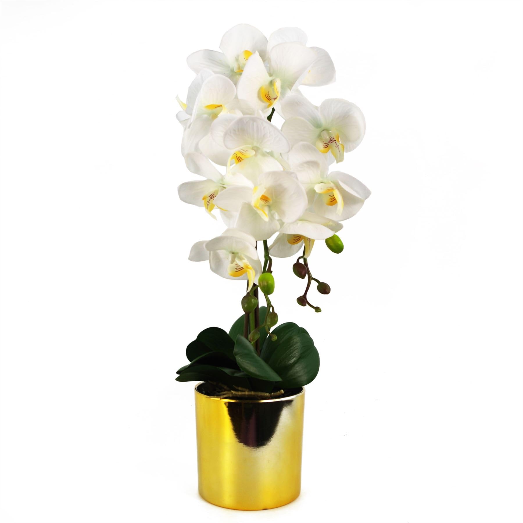 Leaf White Orchid Artificial Plant Large Gold Pot 52cm