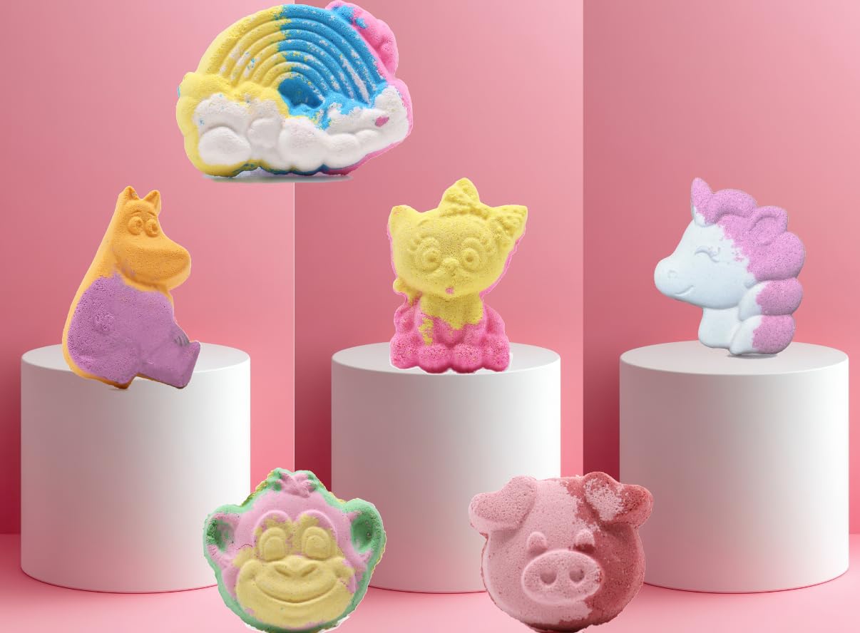 6 Bombes de Bain pour Enfants Animaux, Licorne, Arc en Ciel Féérie - Coffret Bain Enfants