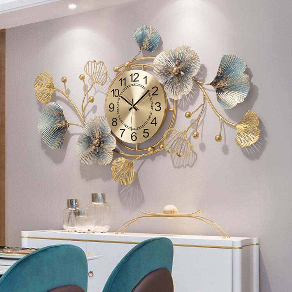 GZDDYUMYJX Large Wall Clock,Clocks for Living Room,Silent Wall Clock,3D Creative Metal Ginkgo Leaf Design, for Bedroom Kitchen Decorative Wall Clocks (Blue Gold, 32‘’x18‘’/83x48cm)
