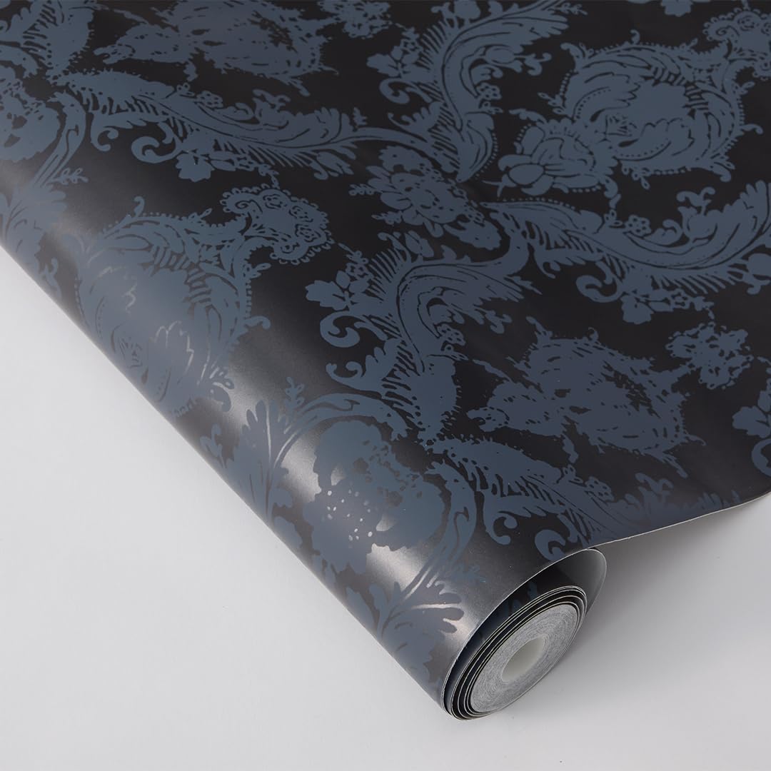 Tempaper Textured Black Damsel Removable Peel and Stick Damask Wallpaper, 20.5 in X 16.5 ft, Made in the USA