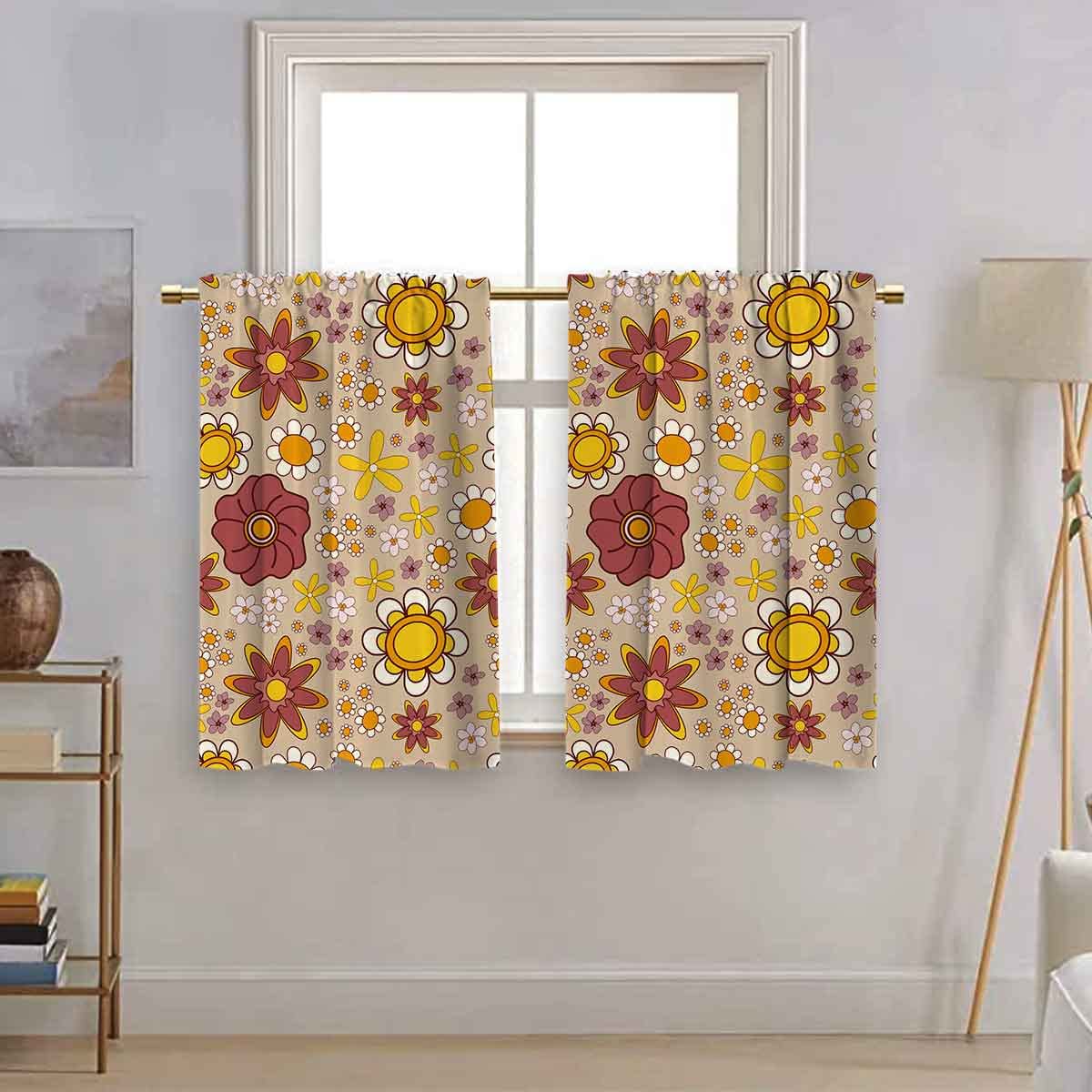 FUERMOR 70s Retro Short Curtains, Floral Groovy Peace and Love Kitchen Cafe Window Art Print Half Curtains, 24x26 Inch 2 Panel Blackout Small Curtains CLLSFU322